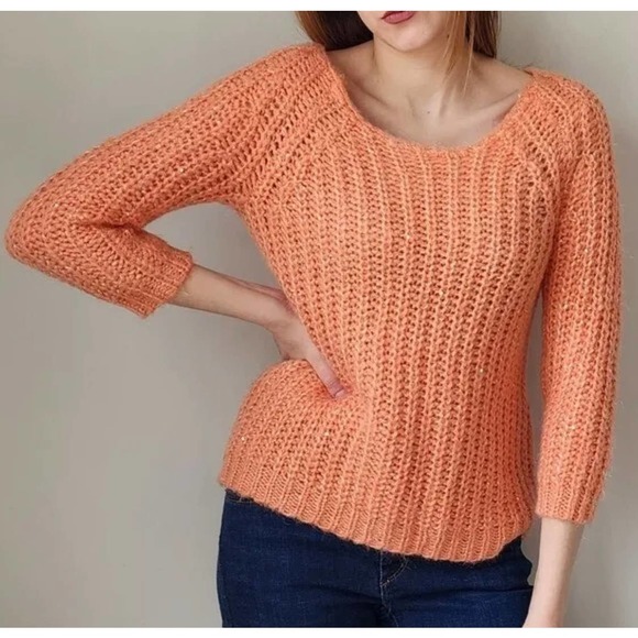 Anthropologie Knitted & Knotted Size Medium Sequined Open Knit Peach Sweater - Picture 2 of 8